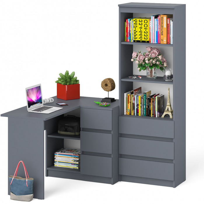 Мори Стол компьютерный МС-16 правый + Стеллаж МСТ600.3, цвет графит, ШхГхВ 184,8х84,9х179,6 см., выдвижные ящики справа, НЕ универсальная сборка