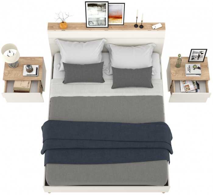 Муссон Кровать 11.41 + ортопед + 2 х Тумба 16.03, цвет белый/дуб эндгрейн элегантный, сп. м. 1600х2000 мм., б/м