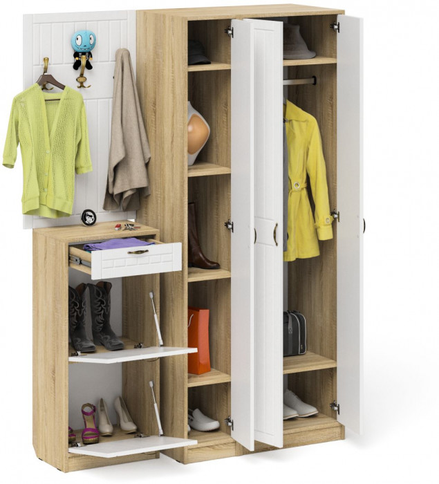 Прихожая П-6 Компоновка № 50, цвет дуб сонома/фасады МДФ белое дерево фрезеровка прованс, ШхГхВ 150х50х210 см., универсальная сборка