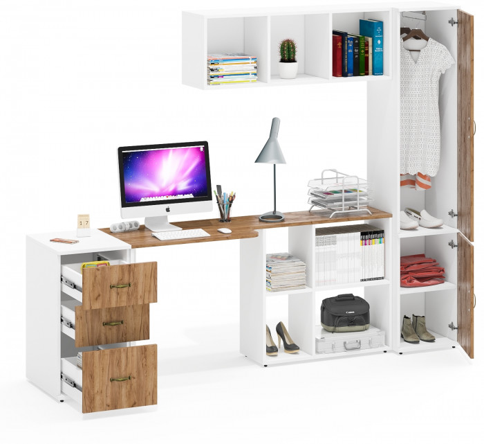 Лидер-8 Стол + Полка + Тумба МД 3.16 + Пенал МД 21Б, цвет белый шагрень/крафт золото, ШхГхВ 245х50/37,5х75/190 или 155х120/50х75/190 см., НЕ ун. сб.