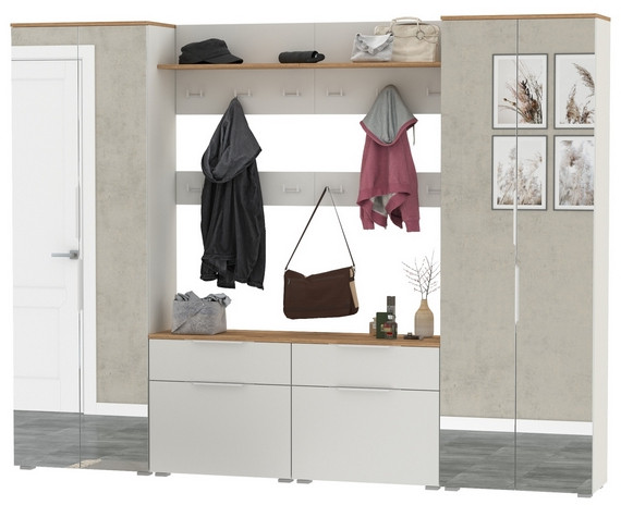 Октава Прихожая 36, цвет белый шагрень/дуб крафт золотой/фасады МДФ белый шагрень, ШхГхВ 258,6х35,4х197,6 см., универсальная сборка