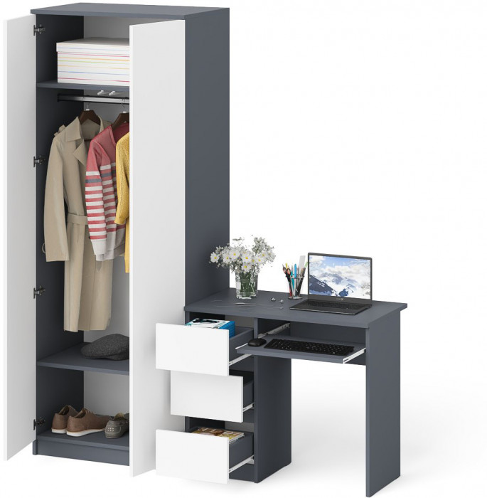 Мори Стол компьютерный МС-6 левый + Шкаф МШ800.1, цвет графит/белый, ШхГхВ 170,4х50,4х209,6 см., выдвижные ящики слева, НЕ универсальная сборка