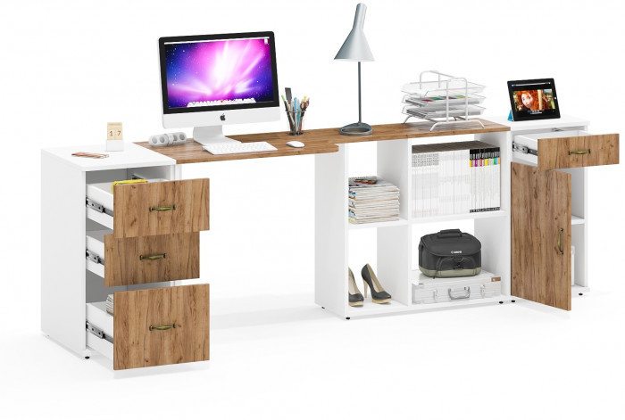 Лидер-8 Стол + Тумба МД 3.15 + Тумба МД 3.16, цвет белый шагрень/крафт золото, ШхГхВ 245х50/30х75 см. или 115х50/160х75 см., НЕ универсальная сборка