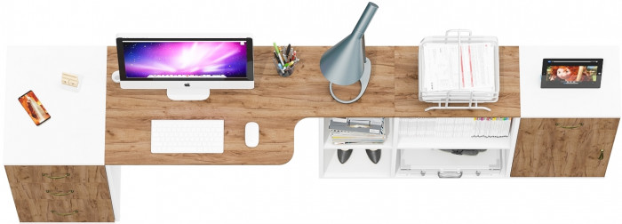 Лидер-8 Стол + Тумба МД 3.15 + Тумба МД 3.16, цвет белый шагрень/крафт золото, ШхГхВ 245х50/30х75 см. или 115х50/160х75 см., НЕ универсальная сборка