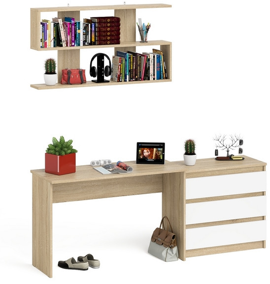 Мори Стол письменный МСП1200.1 + Комод МК800.1 + Полка 1200, цвет дуб сонома/белый, ШхГхВ 200,8х50х209,6 см., универсальная сборка