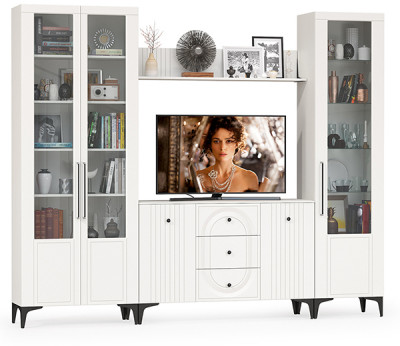 Валенсия Гостиная № 098, цвет ЛДСП белый шагрень/МДФ белый шагрень, ШхГхВ 272,3х38,4х225,2 см., ниша для ТВ 133х38х100 см., универсальная сборка