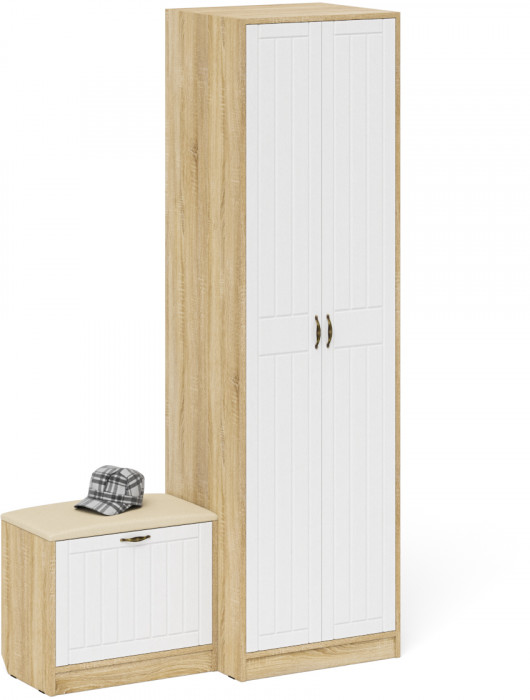 Прихожая П-6 Компоновка № 10, цвет дуб сонома/фасады МДФ белое дерево фрезеровка прованс, ШхГхВ 120х50х210 см., универсальная сборка