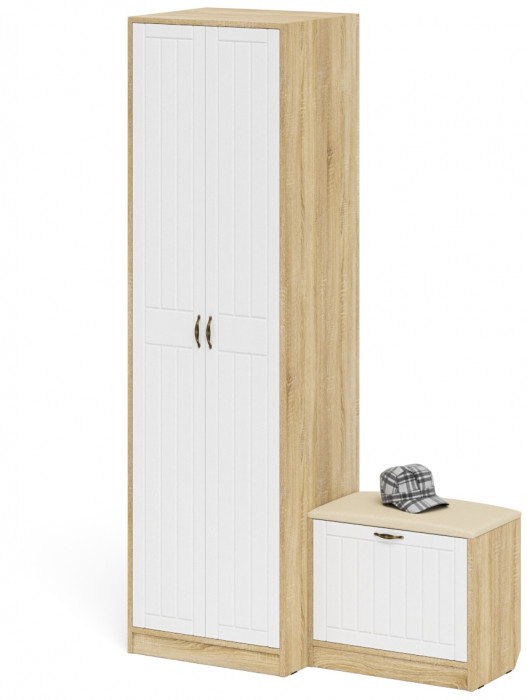 Прихожая П-6 Компоновка № 10, цвет дуб сонома/фасады МДФ белое дерево фрезеровка прованс, ШхГхВ 120х50х210 см., универсальная сборка