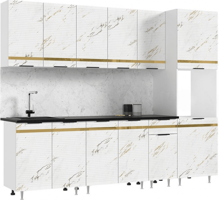 Кухня МДФ Милена 2600 (Белый, Мрамор золото, Антарес)