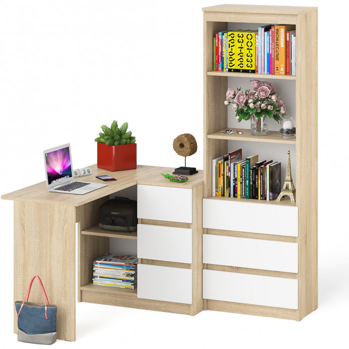 Мори Стол компьютерный МС-16 правый + Стеллаж МСТ600.3, цвет дуб сонома/белый, ШхГхВ 184,8х84,9х179,6 см., выдвижные ящики справа, НЕ универ. сборка