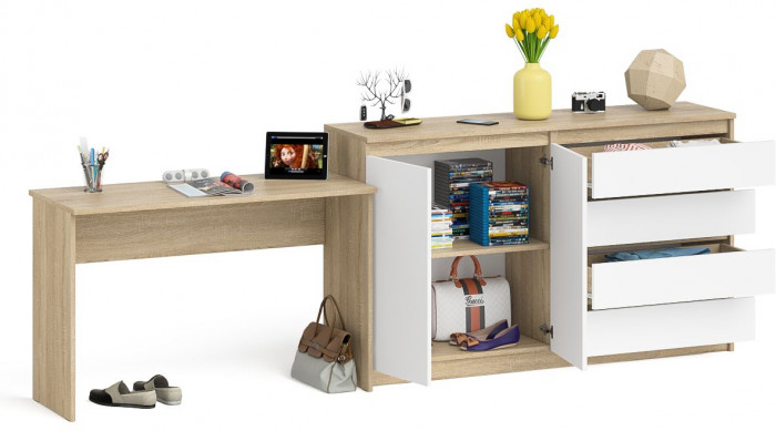 Мори Стол письменный МСП1200.1 + Комод МК1600.1, цвет дуб сонома/белый, ШхГхВ 280,8х50х94 см., универсальная сборка