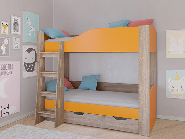 Кровать двухъярусная АСТРА 2 Сонома/Оранжевый с ящиком