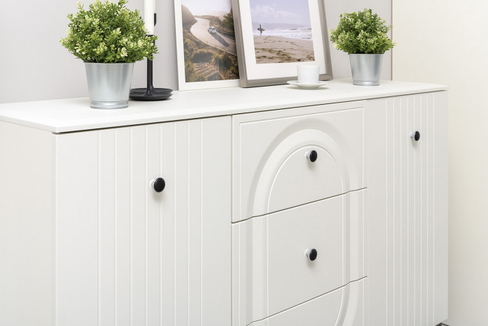 Валенсия Гостиная № 100, цвет ЛДСП белый шагрень/МДФ белый шагрень, ШхГхВ 243,2х38,4х225,2 см., ниша для ТВ 133х38х100 см.