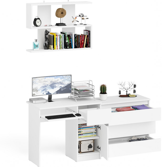 Мори Стол компьютерный МС-1 правый + Комод МК800.1 + Полка 900, цвет белый, ШхГхВ 170,4х50х209,6 см., НЕ универсальная сборка