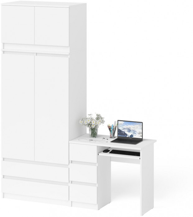 Мори Стол компьютерный МС-6 левый + Шкаф МШ900.1 + Антресоль МА900.1, цвет белый, ШхГхВ 180,4х50,4х234,2 см., выдвижные ящики слева, НЕ универс. сб.