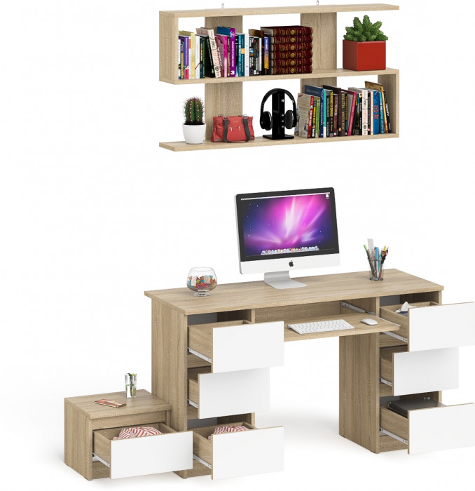 Мори компьютерный стол МС-2 + Тумба ТМП400.1 + Полка 1200, дуб сонома/белый