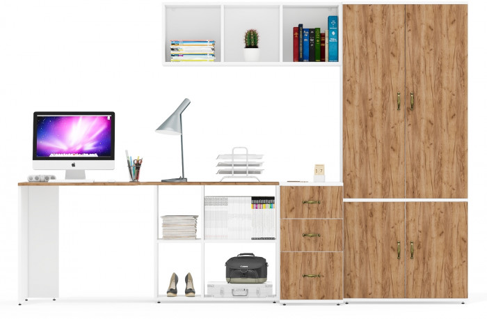 Лидер-8 Стол + Полка + Тумба МД 3.16 + Шкаф МД 20Б, цвет белый шагрень/крафт золото, ШхГхВ 285х50/37,5х75/190 или 115х200/50х75/190 см., НЕ ун. сб.