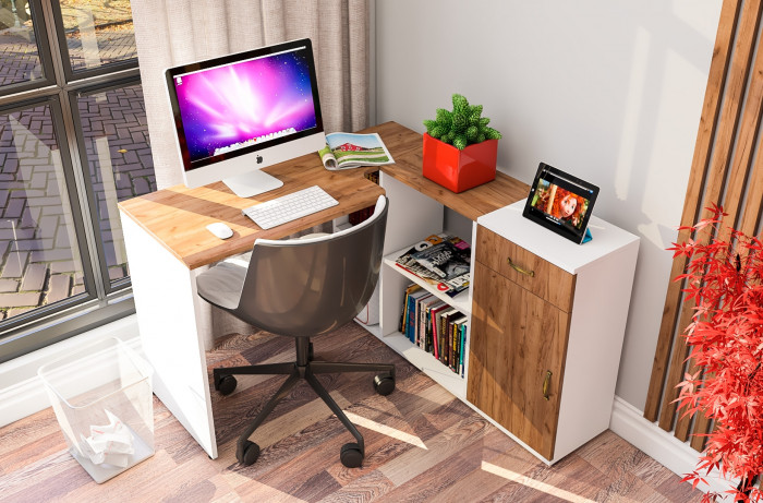 Лидер-8 Стол + Тумба МД 3.15, цвет белый шагрень/крафт золото, ШхГхВ 205х50/30х75 см. или 115х50/120х75 см., НЕ универсальная сборка