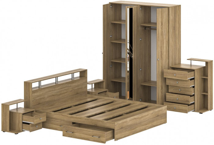 Камелия спальня № 11 Кровать с ящиками 1800 + Две тумбы + Комод + Шкаф 4-х створчатый, цвет дуб сонома, сп.м. 1800х2000 мм., б/м, основание есть