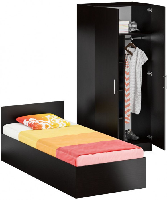 Кровать 0900 + Шкаф 2-х створчатый Стандарт, цвет венге, ШхГхВ 93,5х203,5х70 + 90х52х200 см., сп.м. 900х2000 мм., без матраса, основание есть