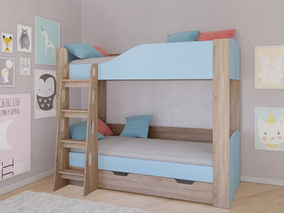 Кровать двухъярусная АСТРА 2 Сонома/Голубой с ящиком