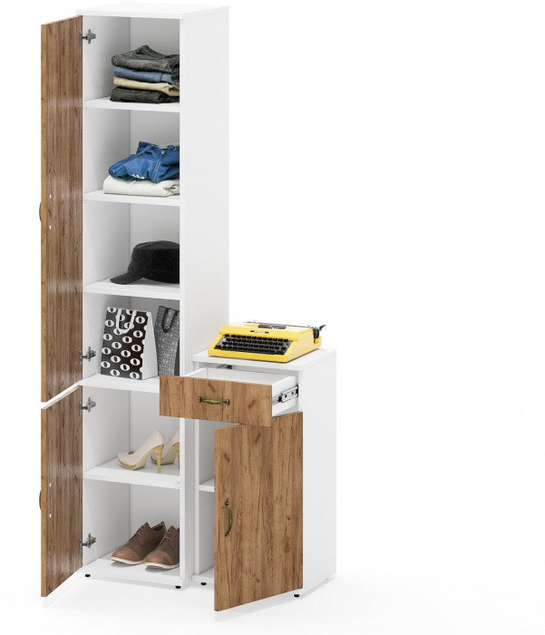 Лидер-8 Пенал МД 22Б + Тумба МД 3.15, цвет белый шагрень/крафт золото, ШхГхВ 80х37,5х190 см., универсальная сборка