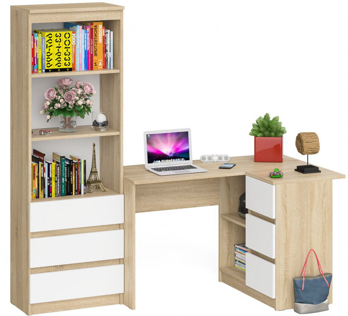 Мори Стол компьютерный МС-16 правый + Стеллаж МСТ600.3, цвет дуб сонома/белый, ШхГхВ 184,8х84,9х179,6 см., выдвижные ящики справа, НЕ универ. сборка