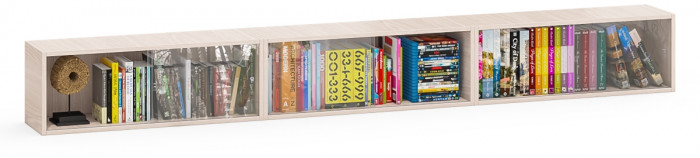 Три полки книжных С-МД-КН01, цвет ясень шимо светлый, размер каждой полки в отдельности: ШхГхВ 83х25х30 см., стеклянные дверцы