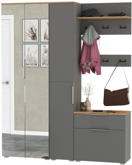 Октава Прихожая 15-123Н, цвет серый графит/дуб крафт золотой/фасады МДФ серый графит, ШхГхВ 161,5х35,4х197,6 см., универсальная сборка