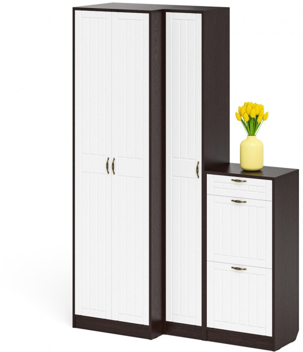 Прихожая П-6 Компоновка № 28, цвет венге/фасады МДФ белое дерево фрезеровка прованс, ШхГхВ 140х50х210 см., универсальная сборка