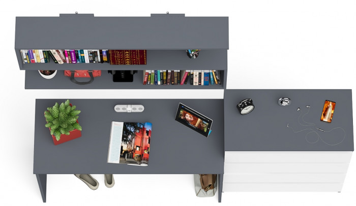 Мори Стол письменный МСП1200.1 + Комод МК800.4 + Полка 1200, цвет графит/белый, ШхГхВ 200,8х50х209,6 см., универсальная сборка