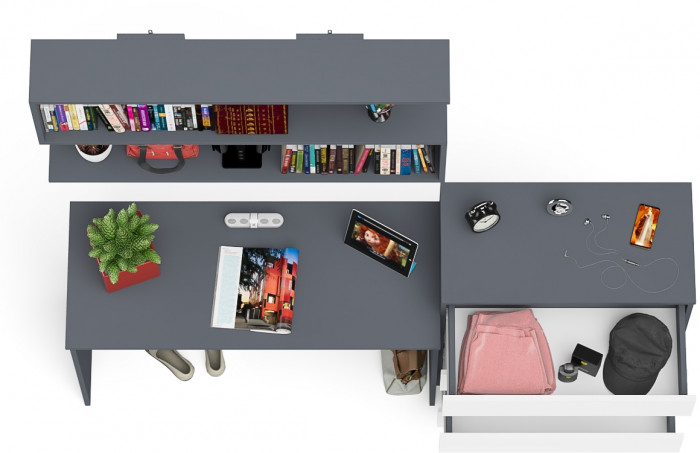 Мори Стол письменный МСП1200.1 + Комод МК800.4 + Полка 1200, цвет графит/белый, ШхГхВ 200,8х50х209,6 см., универсальная сборка