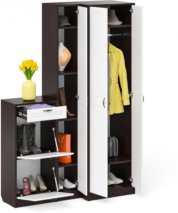 Прихожая П-6 Компоновка № 28, цвет венге/фасады МДФ белое дерево фрезеровка ромб, ШхГхВ 140х50х210 см., универсальная сборка