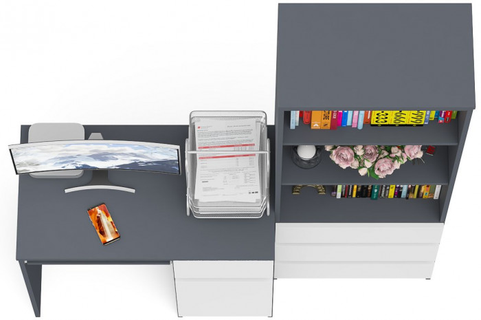 Мори Стол компьютерный МС-1 правый + Стеллаж МСТ600.3, цвет графит/белый, ШхГхВ 150,4х50х179,6 см., выдвижной ящик справа, НЕ универсальная сборка