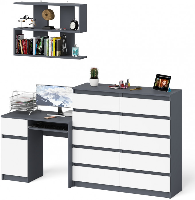Мори Стол компьютерный МС-1 левый + Комод МК1200.10 + Полка 900, цвет графит/белый, ШхГхВ 210,4х50х209,6 см., НЕ универсальная сборка