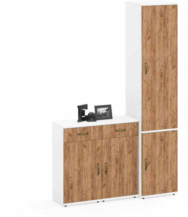 Лидер-8 Пенал МД 21Б + Тумба МД 3.15 + Тумба МД 3.15, цвет белый шагрень/крафт золото, ШхГхВ 120х37,5х190 см., универсальная сборка