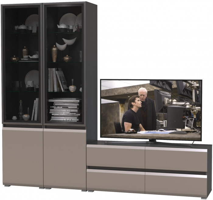 Сидней Комплектация № 011, цвет корпус: антрацит/фасады: МДФ веллюто капучино, ШхГхВ 229,9х41,3х205,2 см., ниша для ТВ 129х41х100 см., универс. сборка