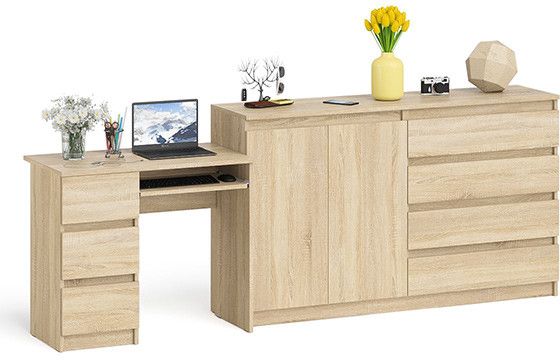 Мори Стол компьютерный МС-6 левый + Комод МК1600.1, цвет дуб сонома, ШхГхВ 250,4х50х94 см., выдвижные ящики слева, НЕ универсальная сборка