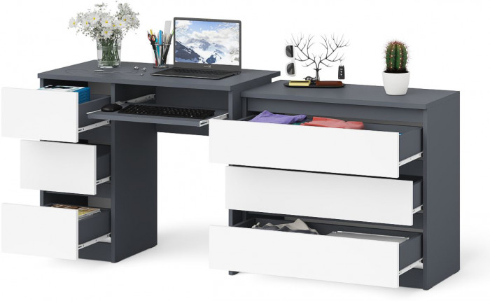 Мори компьютерный стол МС-6 левый + Комод МК800.1, графит/белый