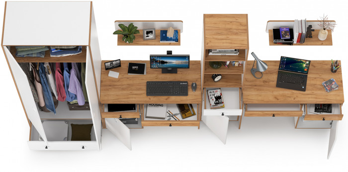 Вуди Компоновка № 30, цвет белый премиум/дуб крафт золотой, ШхГхВ 351х52,7х205 см., универсальная сборка