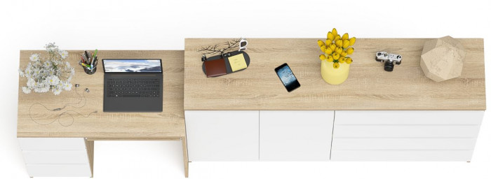 Мори Стол компьютерный МС-6 левый + Комод МК1600.1, цвет дуб сонома/белый, ШхГхВ 250,4х50х94 см., выдвижные ящики слева, НЕ универсальная сборка