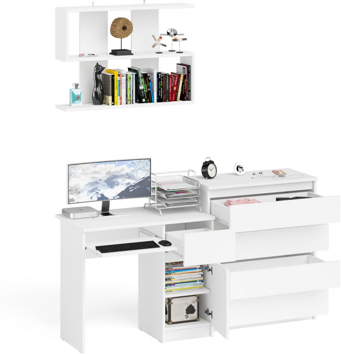 Мори Стол компьютерный МС-1 правый + Комод МК800.4 + Полка 900, цвет белый, ШхГхВ 170,4х50х209,6 см., НЕ универсальная сборка