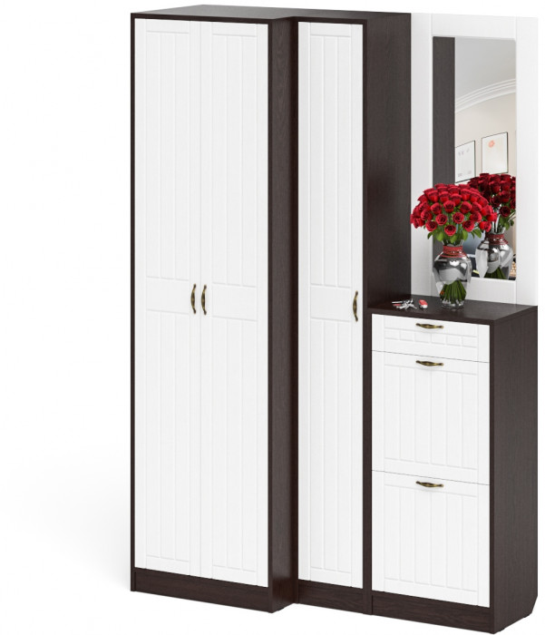 Прихожая П-6 Компоновка № 29, цвет венге/фасады МДФ белое дерево фрезеровка прованс, ШхГхВ 140х50х210 см., универсальная сборка