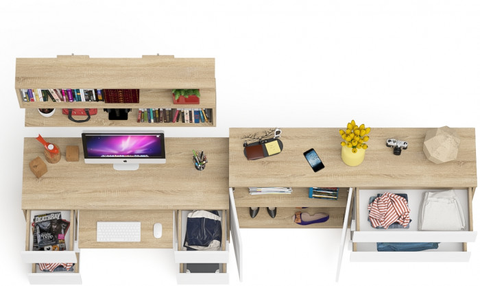 Мори компьютерный стол МС-2 + Комод МК1600.1 + Полка 1200, дуб сонома/белый