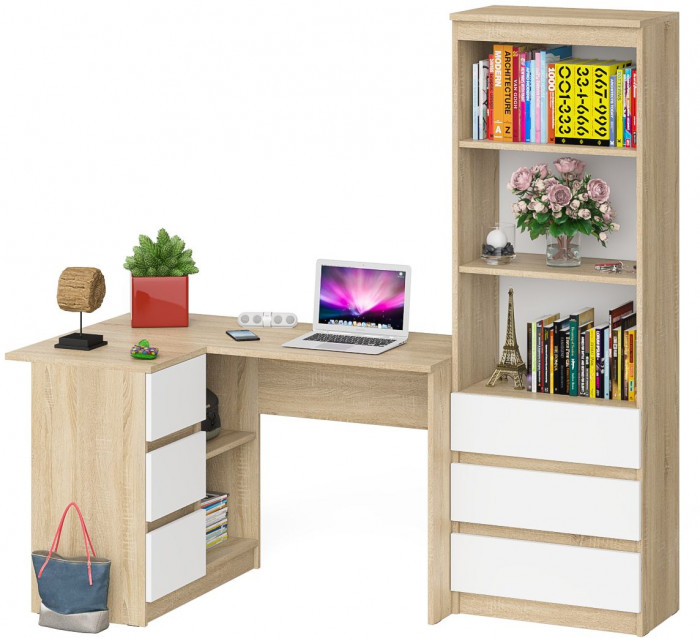 Мори Стол компьютерный МС-16 левый + Стеллаж МСТ600.3, цвет дуб сонома/белый, ШхГхВ 184,8х84,9х179,6 см., выдвижные ящики слев, НЕ универс. сборкаа