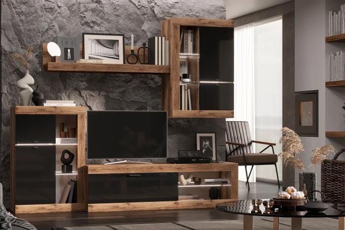 Прага Модульная Гостиная, вариант №1, делано/Черный глянец