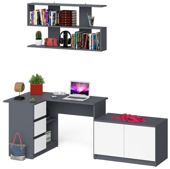 Мори Стол компьютерный МС-16 левый + Тумба МА900.1 + Полка 1200, цвет графит/белый, ШхГхВ 214,8х84,9х209,6 см., НЕ универсальная сборка
