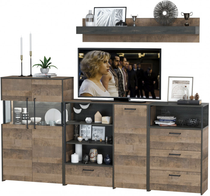 Трувор Гостиная 010, цвет дуб гранж песочный/интра, ШхГхВ 260,8х37х195 см., универсальная сборка