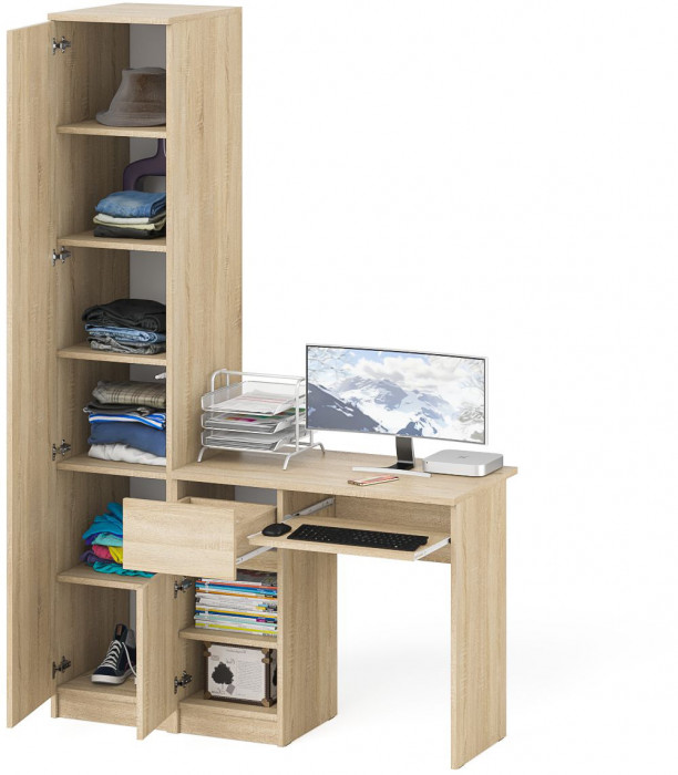 Мори Стол компьютерный МС-1 левый + Пенал МШ400.1, цвет дуб сонома, ШхГхВ 130,4х50,4х209,6 см., выдвижной ящик слева, НЕ универсальная сборка