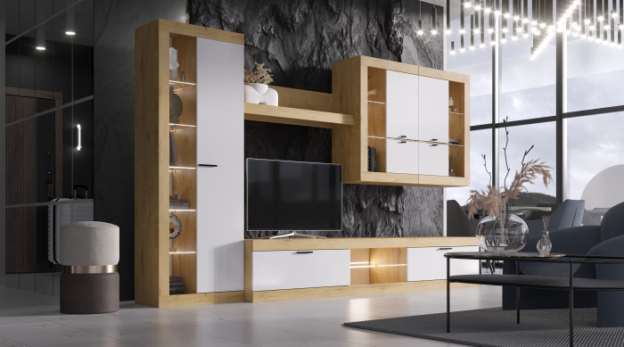 Прага Модульная Гостиная, вариант №2, вотан/Белый глянец